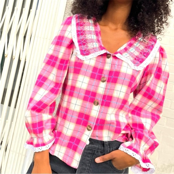 TACH Plaid Lace Trim Embroidered Smocked Peter Pan Collar Ruffle Cuff Top XS - Picture 16 of 16